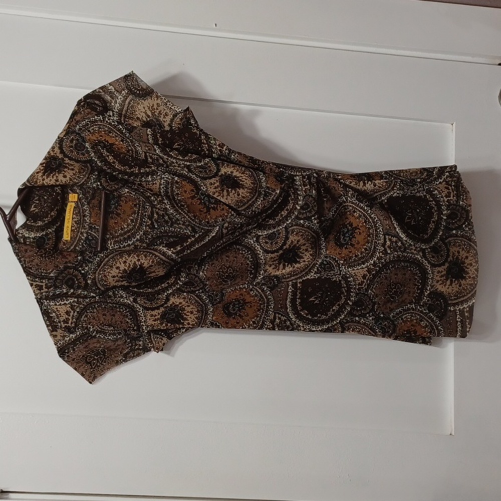 Brown Gauzy Dressy Cowl Neck Long Tunic Short Sleeve Top, Blouse, Small